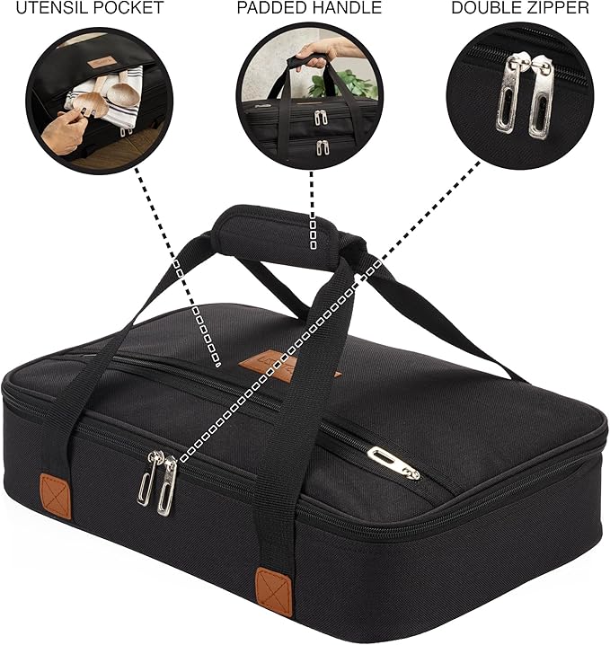 Stack Store Plus More Black Insulated Casserole Carrier for Hot or Cold Food, Lasagna Holder for Picnic, Potluck, Cookout – Fits 9”x13” or 11”x15” Baking Dish – Thermal Tote