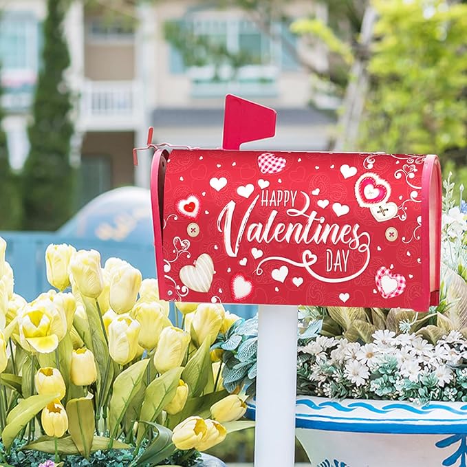 Happy Valentine's Mailbox Covers Magnetic Standard Size 25.5x21 Inch Romantic Red Love Heart Decorative Letter Box Wraps Sweet Holiday Anniversary Mail Box Post Cover for Home Outdoor Garden Decor