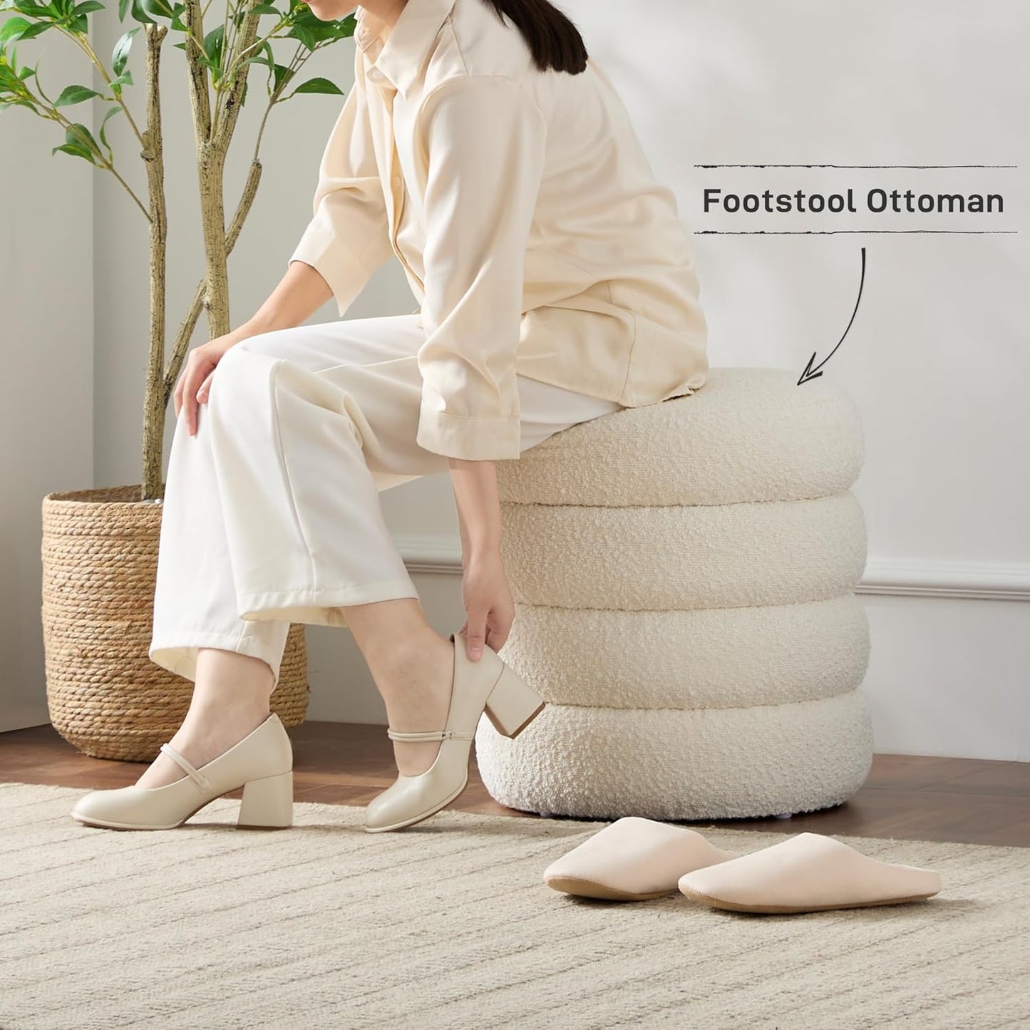 Round Ottoman with Storage Boucle Ottoman Stool with Storage Removable Lid for Living Room Modern Vanity Sorage Stool Foot Rest Bedroom Dorm Gift Set of 1 (White)