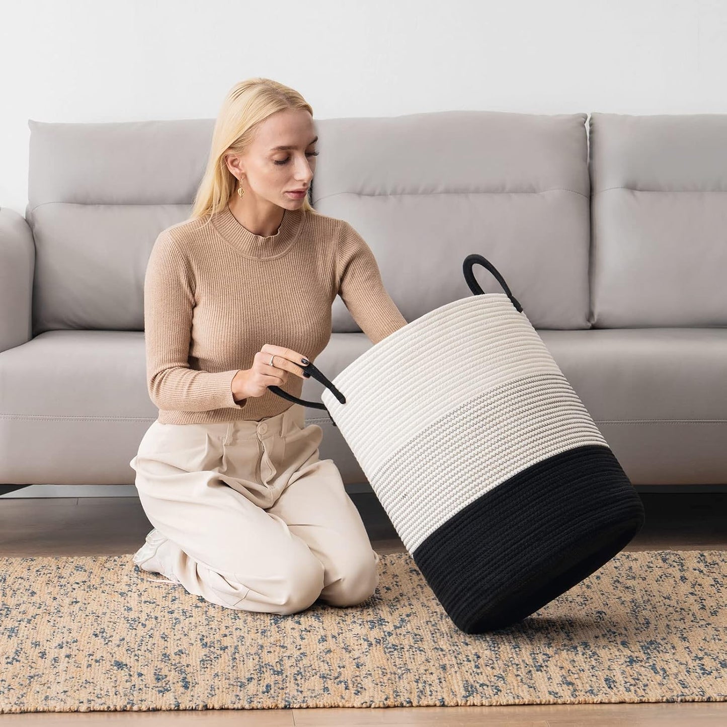 Woven Rope Laundry Hamper Basket by YOUDENOVA, Tall Luandry Basket, Baby Nursery Hamper for Blanket Storage, Clothes Hamper for Laundry in Bedroom-Large-(Dark White, 58L)