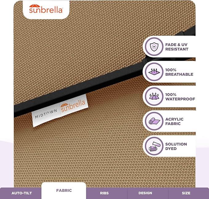 Midtown Umbrellas Sunbrella Umbrella 9 Feet Outdoor Umbrella With Heather Tan Acrylic Fabric - Auto-Tilt Aluminum Frame Patio Umbrella For Backyard, Deck, Garden, Pool - Black Pole