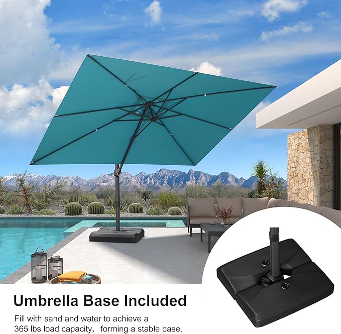 PURPLE LEAF 9' × 11.5' Patio Cantilever Umbrella with Base Outdoor Rectangle Adjustable Offset Umbrellas with 360-degree Rotation and 8 Heavy Duty Metal Ribs for Garden Deck Pool Turquoise Blue