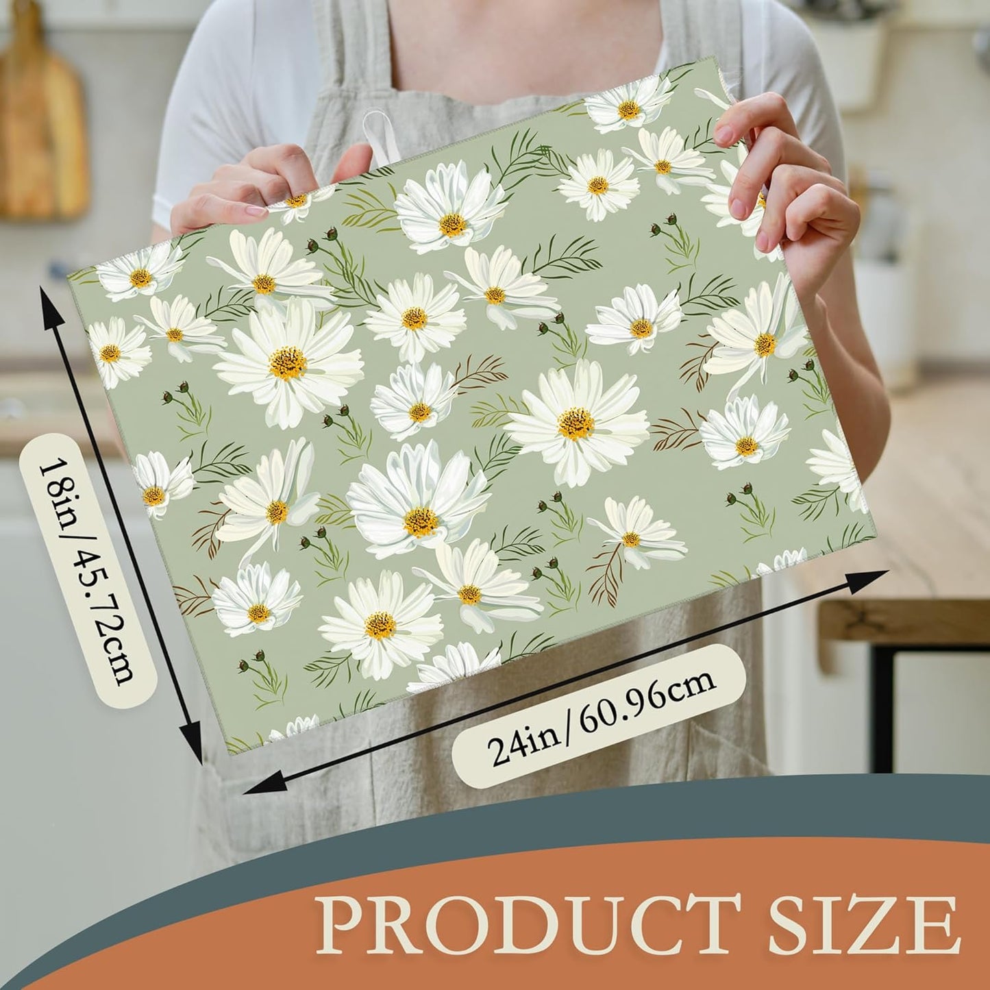 White Daisy Flowers Dish Drying Rack Mat for Kitchen Counter, Dish Drying Pad Absorbent Reversible Microfiber Protector for Coffee Bar Sink Countertops 18x24 Inch