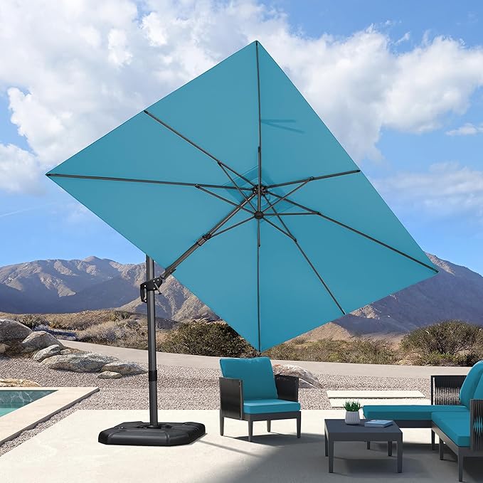 PURPLE LEAF 8.2' X 11.5' Tilting Patio Umbrella with Base Outdoor Cantilever Swivel Rectangle Umbrella Aluminum Offset Umbrella with 360-degree Rotation for Garden Deck Pool Patio Turquoise Blue