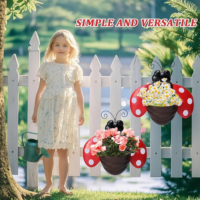 Metal Wall Planter Ladybug Wall Mounted Planters Small Flower Pot with Drainage for Indoor Outdoor Farmhouse Hanging Planter Succulent Plant Container Vertical Garden Yard Decor