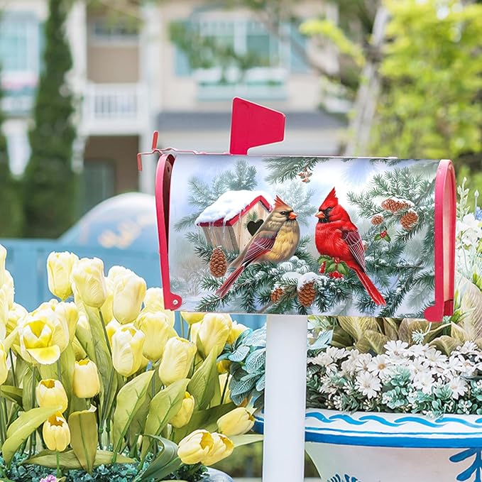 Winter Cardinal Magnetic Mailbox Covers Standard Size 21''x18'' Xams Sweet Birds Decorative Post Letter Box Cover Christma Birdhouse Snowy Pine Letterbox Cover for Home Outdoor Garden