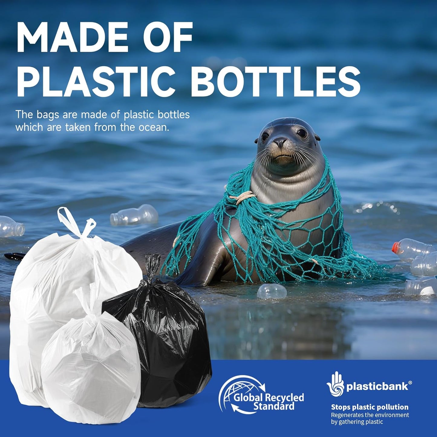 Small Trash Bags with Handles 5 Gallon 200 Count White - Ocean Plastic Upcycling - Plastic Garbage Bags, Can Bin & Waste Basket Liner for Kitchen, Bathroom, Office and Pets