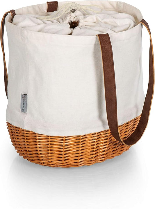 PICNIC TIME Coronado Canvas and Willow Basket Tote, Picnic Tote Bag, Beach Tote