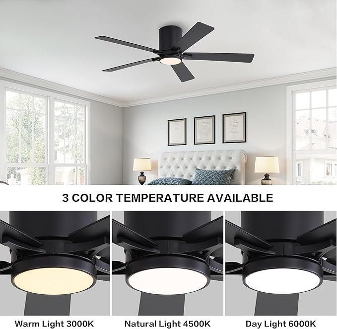 WINGBO 52" DC Flush Mount Ceiling Fan with Lights, 6-Speed Reversible DC Motor, 3CCT, Low Profile Hugger Ceiling Fan for Living Room Bedroom Kitchen, Black Finish and Black/Walnut Blades
