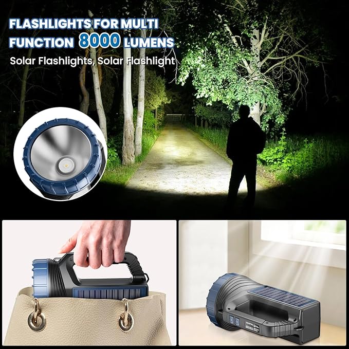 Solar Flashlight，Solar Powered Flashlight for Multi Function 8000 Lumens with Emergency，Portable Bright Camping Rechargeable Flashlights for Home, Outdoor Hiking, Power Outages
