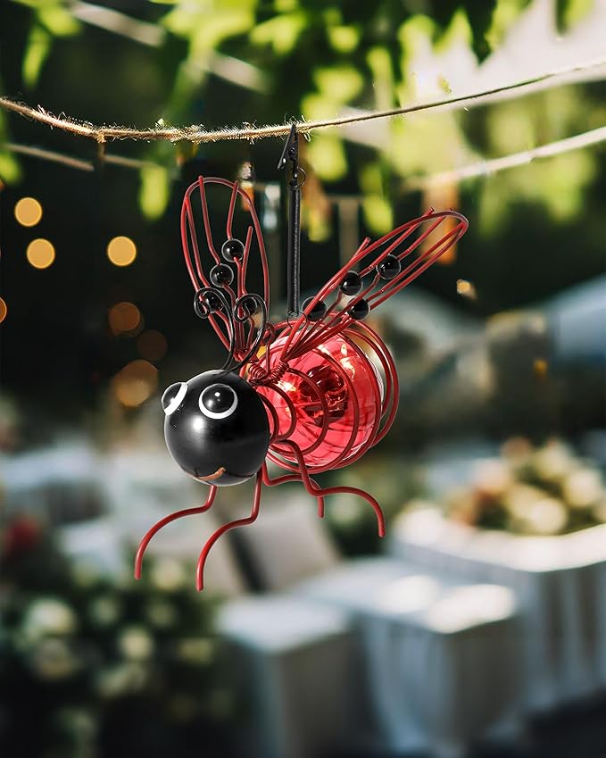 iStatue Solar-Powered Hanging Metal Ladybug Light Garden Decor | Lady Bug Sculpture with Bouncy Springs | Summer Outdoor Art Decorations (Red)