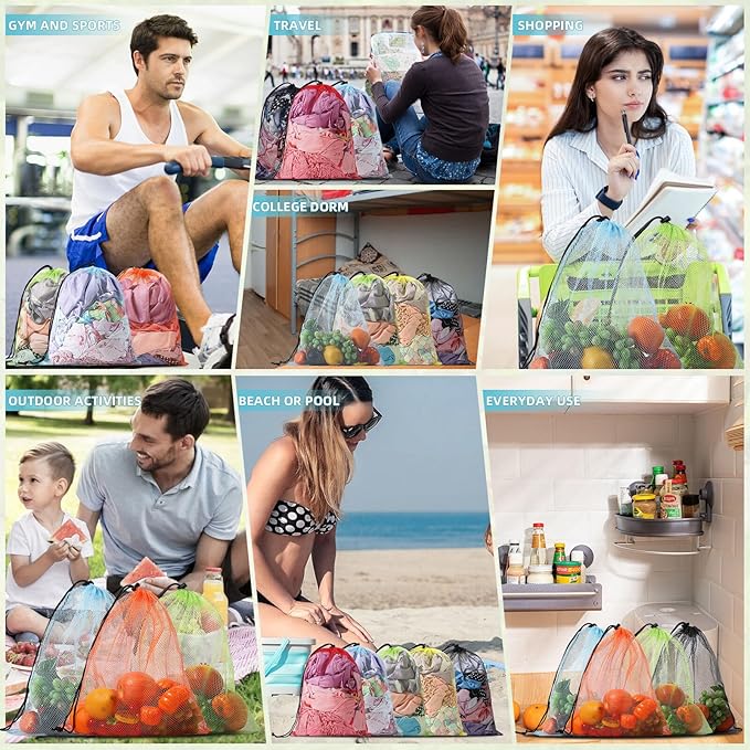 Mesh Drawstring Bag Durable Delicate Mesh Laundry Bag Multicolor Nylon Mesh Bag Small Mesh Gym Bag Travel Mesh Beach Bag Locking Closure Drawstring Bag For College, Gym, Yoga, Sport, 10pcs