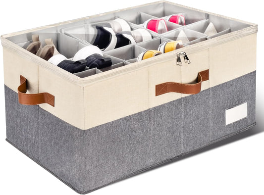 1 Pack Shoe Organizer for Closet, Adjustable Shoe Box Storage Containers, Large Foldable Shoe Bins with Clear Cover, Space Saving Shoes Holder with 4 Handles, Fits 12-24 Pairs, Beige