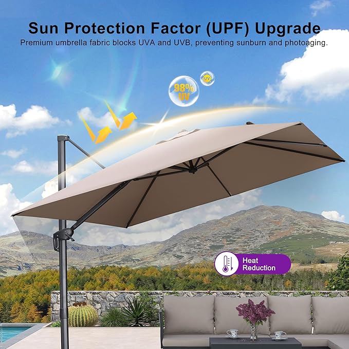 PURPLE LEAF 10 FT Cantilever Patio Umbrella Outdoor Aluminum Offset Square Umbrella with 3 Years Fade Resistance Recycled Fabric and 360-degree Rotation for Deck Pool Garden, Sand Dune