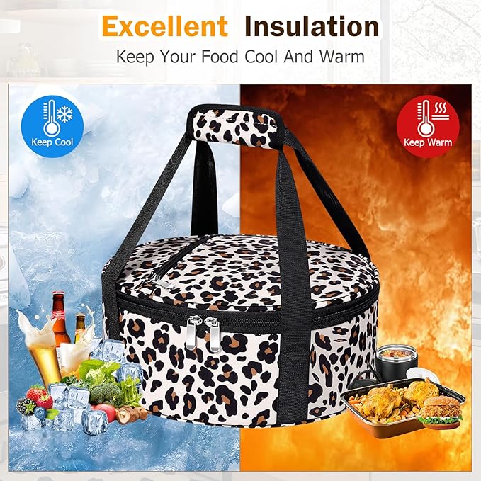 Round Insulated Casserole Carrier, Pie Carrier Bag, Portable Casserole Carrier for Hot or Cold Food Lunch Tote Warmer or Cooler Bag, Lunch Bag for Parties Picnic, Fits 12.5" Baking Dish, Leopard