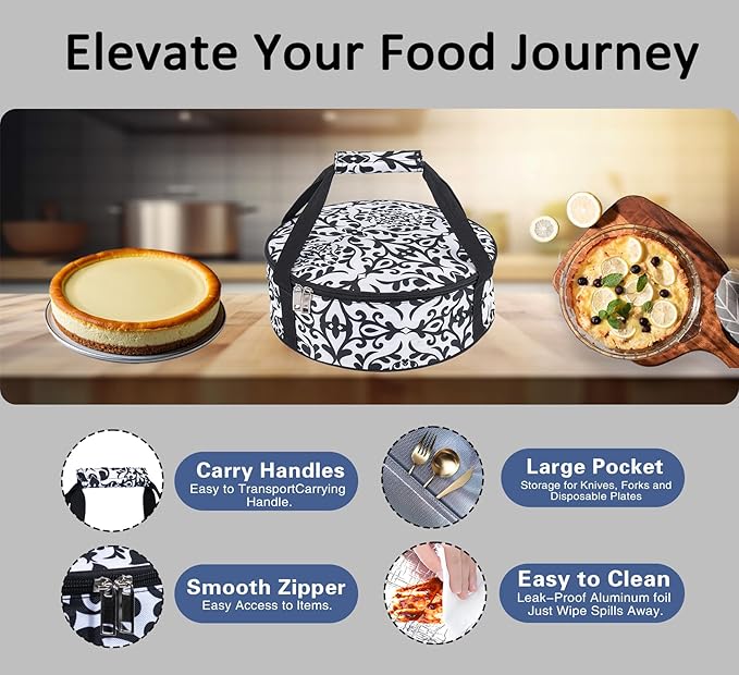 Round Portable Insulated Thermal Dish Carrier Bag for Pie and Cake Transport to Keep Food Hot/Cold/Fresh for Lunch, Potlucks Parties Gathering,Cookouts,Church Dinner,Outdoor Events-Black
