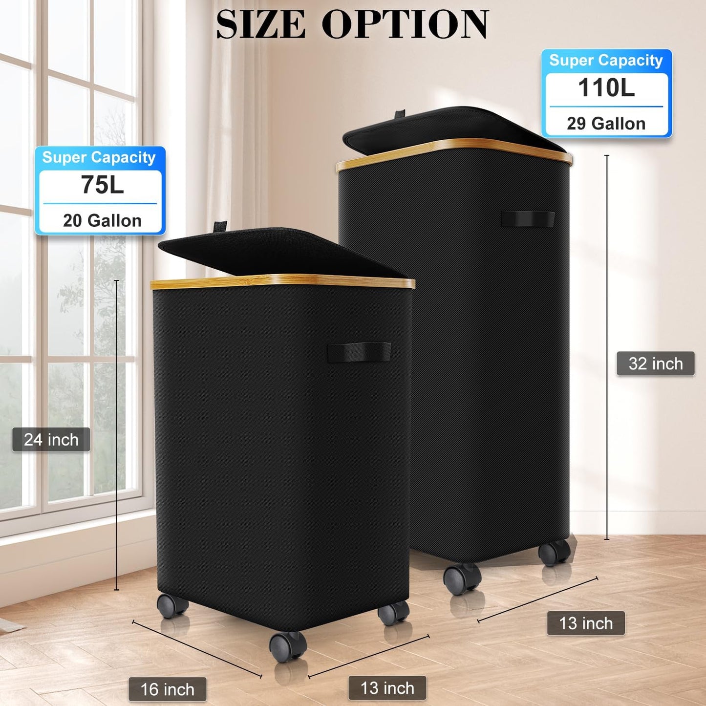 Laundry Hamper with Wheels,29 Gal (110L) Laundry Basket with lid Rolling Clothes Hamper Foldable Dirty Clothes Basket on wheels with Bamboo Frame and Bag for Bedroom, Dorm, Laundry Room-Black