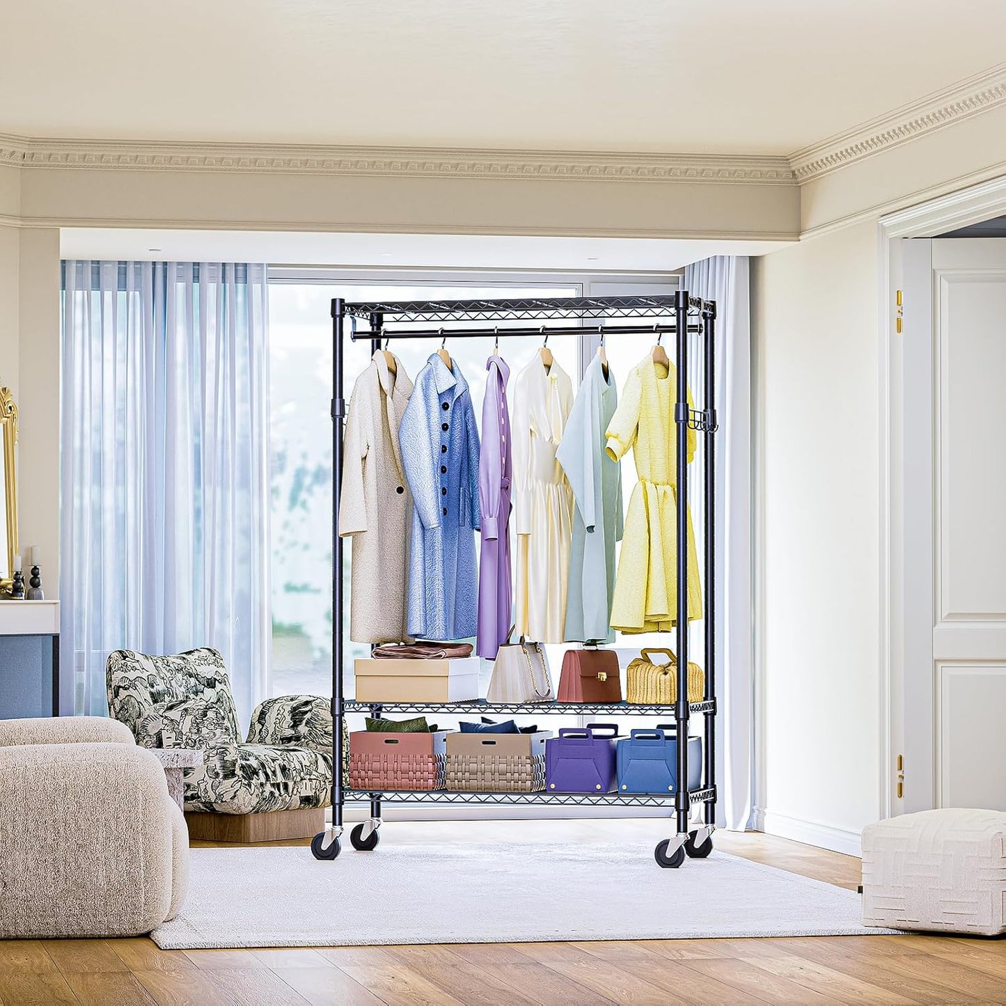 IZEUK Heavy Duty Rolling Garment Rack with 3 Adjustable Wire Shelves, 2 Hanging Rods & Side Hooks - Extra Large Mobile Clothes Rack with Wheels, 47.2" W x 17.7" D x 83.6" H, Black