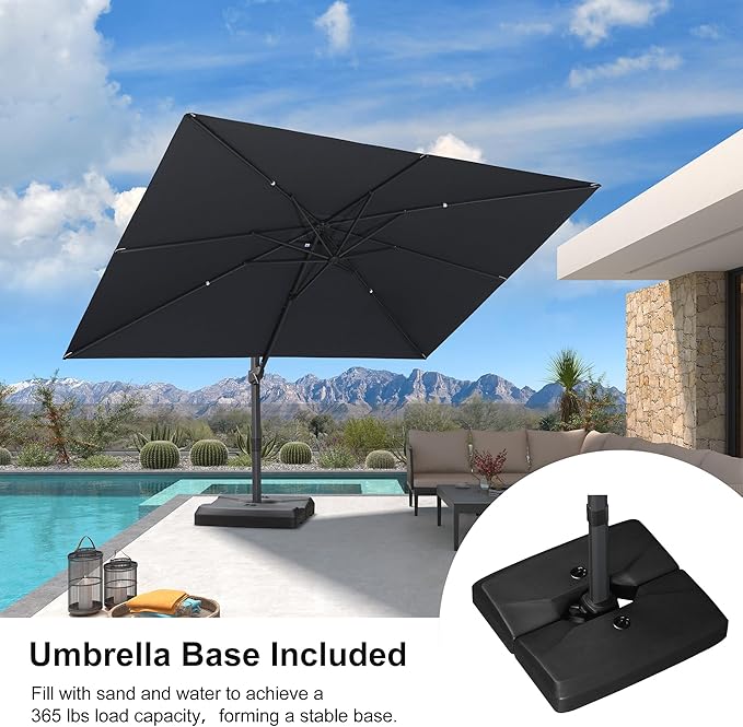 PURPLE LEAF 9' × 11.5' Patio Cantilever Umbrella with Base Outdoor Rectangle Adjustable Offset Umbrellas with 360-degree Rotation and 8 Heavy Duty Metal Ribs for Garden Deck Pool Grey