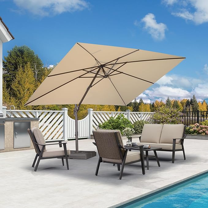 PURPLE LEAF 9' X 11.5' Rectangle Cantilever Umbrella Patio Umbrella Outdoor Aluminum Offset Hanging Umbrella with 360-degree Rotation for Pool Garden Backyard Deck, Beige
