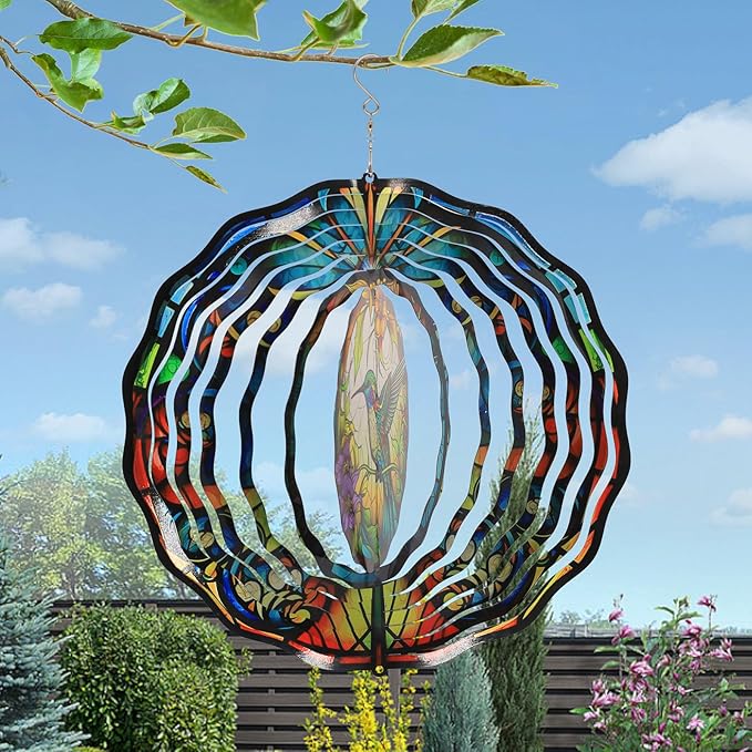 Wind Spinner - Durable Stainless Steel Hanging Wind Spinners - Indoor/Outdoor Hanging Decor - 12 Inch Wind Sculptures & Spinners for Gardens and Patios(Hummingbird)