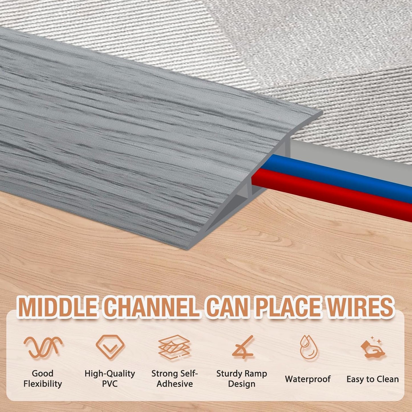 Floor Transition Strip Self Adhesive Vinyl Door Threshold for Doorways Carpet Edging Trim Overlap Edge Reducer for Laminate Floor, Carpet, Tile (Light Gray Wood Grain, 1/5" to 2/5", 6.6Ft)