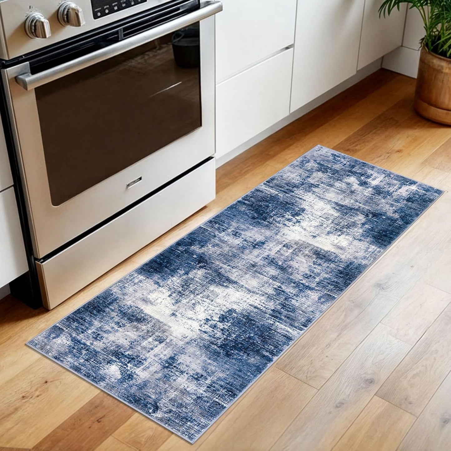 IOHOUZE Abstract Runner Rug 2x5 Ft Washable Runners for Hallways, Non Slip Kitchen Runner Printed Faux Wool Entryway Runner Indoor, Modern Abstract Floor Carpet for Hall Kitchen Bedroom, Navy/Grey