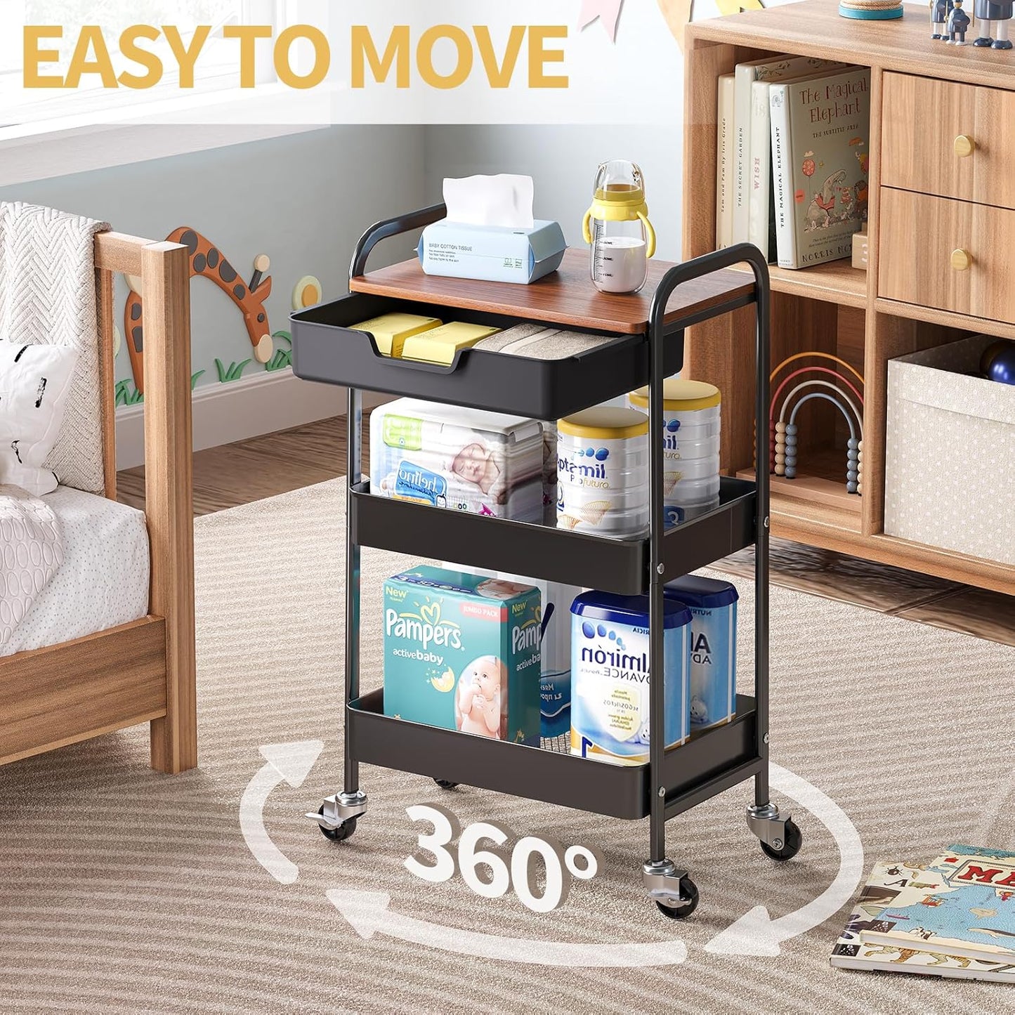 TOOLF 3-Tier Utility Rolling Cart with Wooden Board and Drawer, Metal Storage Cart with Handle, Black Trolley Kitchen Organizer Rolling Desk with Locking Wheels for Office, Classroom, Home, Bedroom