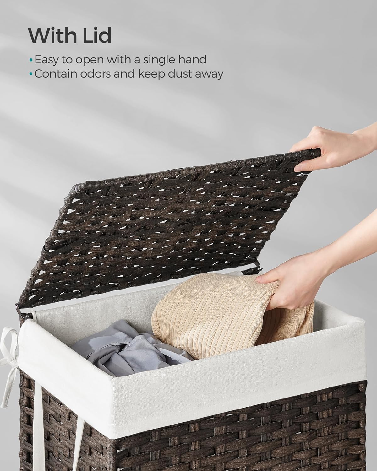 SONGMICS Laundry Hamper with Lid, 23.8 Gallon (90 L) Synthetic Rattan Clothes Laundry Basket with Lid and Handles, Foldable, Removable Liner, Chestnut Brown ULCB051K02
