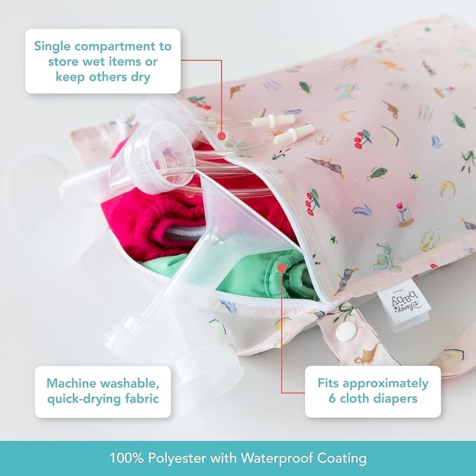 Bumkins Disney Waterproof Wet Bag for Baby, Travel, Swim Suit, Cloth Diapers, Pump Parts, Pool, Beach, Gym Clothes, Toiletry, Hook to Stroller, Daycare, Zip Reusable Wetdry Pack, Princess Magic Pink