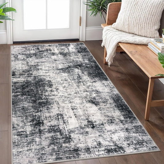 IOHOUZE Abstract Area Rug 3x5 Ft Washable Rugs for Entryway Indoor, Non Slip Kitchen Rug Printed Faux Wool Throw Rugs, Indoor Door Mat for Door Entrance Foyer Living Room, Black Grey