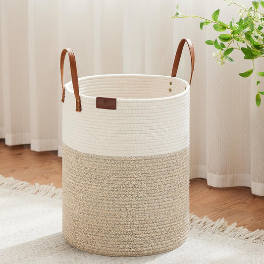 VIPOSCO Tall Laundry Basket, Large Dirty Clothes Hamper with Leather Handle, Woven Rope Storage Basket for Blanket, Toy In Living Room, Bathroom, Bedroom - 53L White & Brown