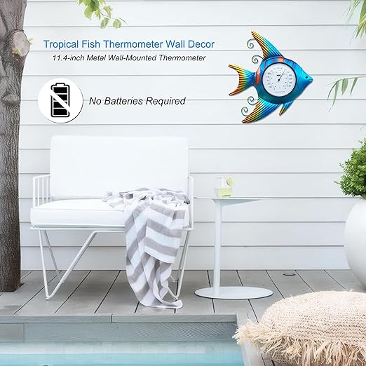 Fish-Shape Wall Thermometer, 11-Inch Battery-Free Temperature Gauge, Vintage Nautical Decor for Indoor & Outdoor Use, Auto-Calibrates in 3 Hours