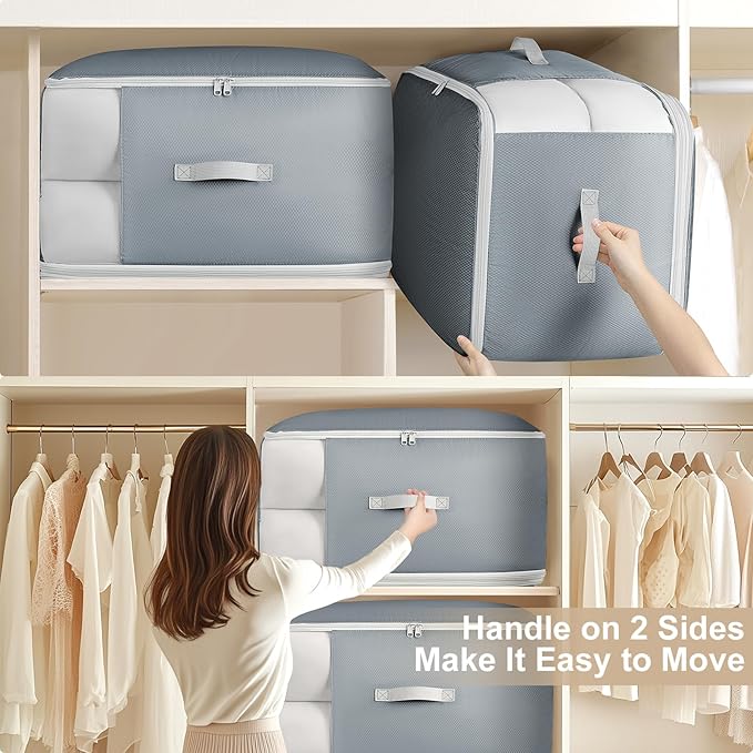 Comforter Storage Bag - 130L Large Capacity Blanket Storage Bags 3-Layer Ultra Space Saving Self Compression Organizer, Washable Compression Bags for Storage Comforter Blanket, 4-Pack, Grey