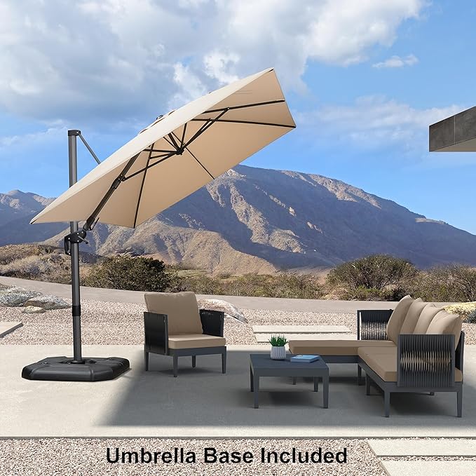 PURPLE LEAF 8.2' X 11.5' Tilting Patio Umbrella with Base Outdoor Cantilever Swivel Rectangle Umbrella Aluminum Offset Umbrella with 360-degree Rotation for Garden Deck Pool Patio Beige
