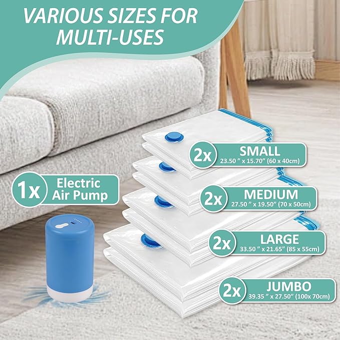 Travel Vacuum Bags with Electric Pump, 8 Pack Vacuum Travel Bags for Luggage and Suitcase, Vacuum Seal Space Saver Compression for Clothes Clothing