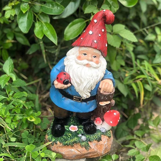 Topadorn Garden Gnome Statue LED Light Solar Energy Gnome Figurine with Ladybug on Hand Mushroom for House, Lawn Decor 11 Inch