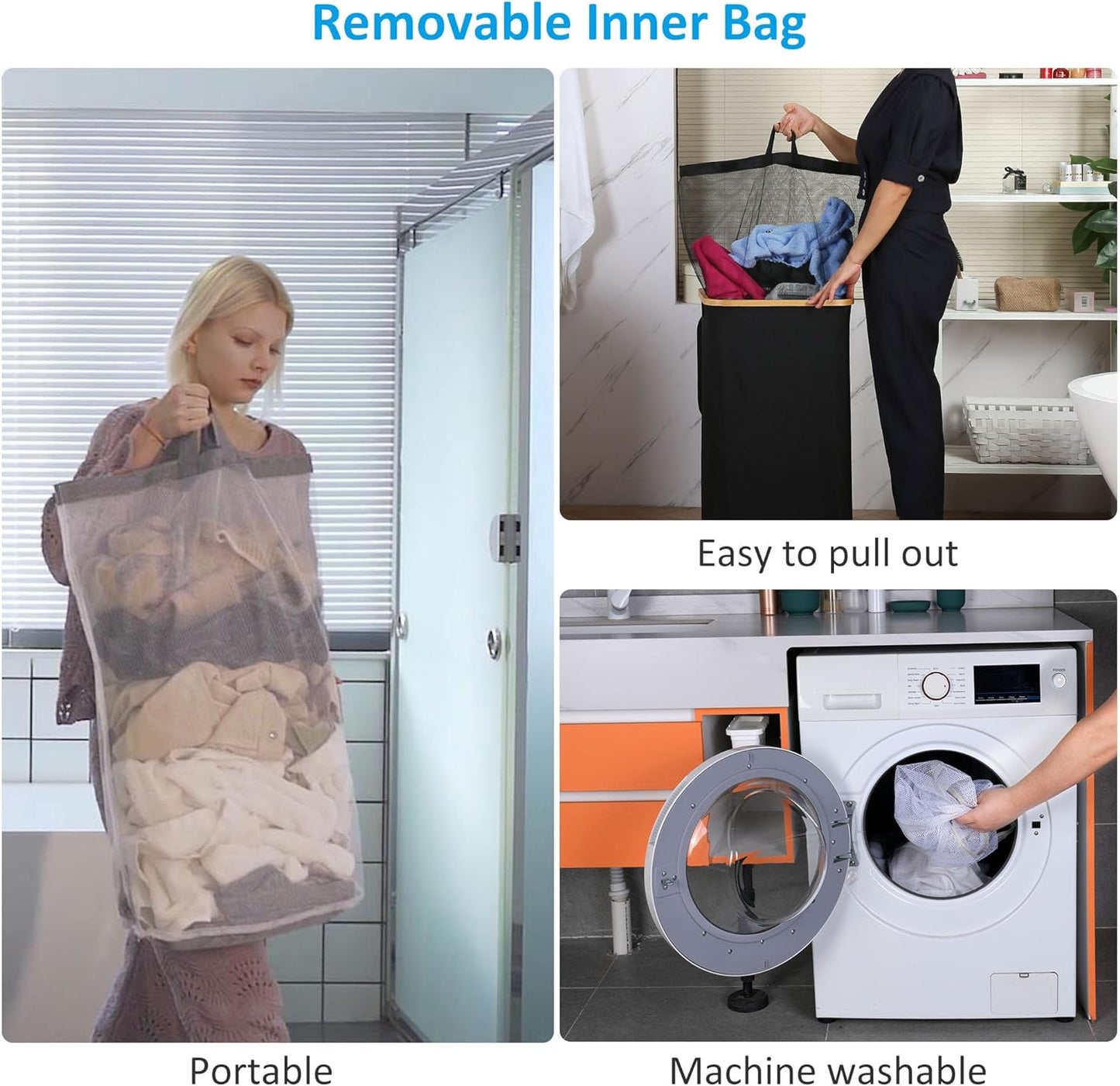 Double Laundry Hamper with Lid, Divided Laundry Hamper with Removable Bags, 2 Section Dirty Clothes Basket with Handles for Bathroom, Bedroom & Laundry Room, 160L Dove Gray