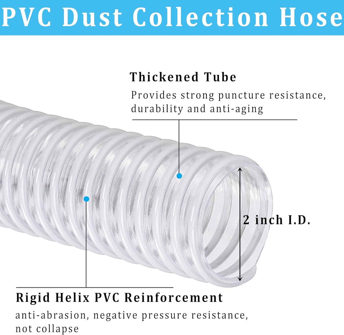 Dust Collection Hose 2 in × 5 ft Heavy Duty Clear Flexible PVC Reinforced Thicken Helix Suction Discharge Corrugated Pipe Tubing Hose for Fume Dust Collector Fitting Wood Chip Saw