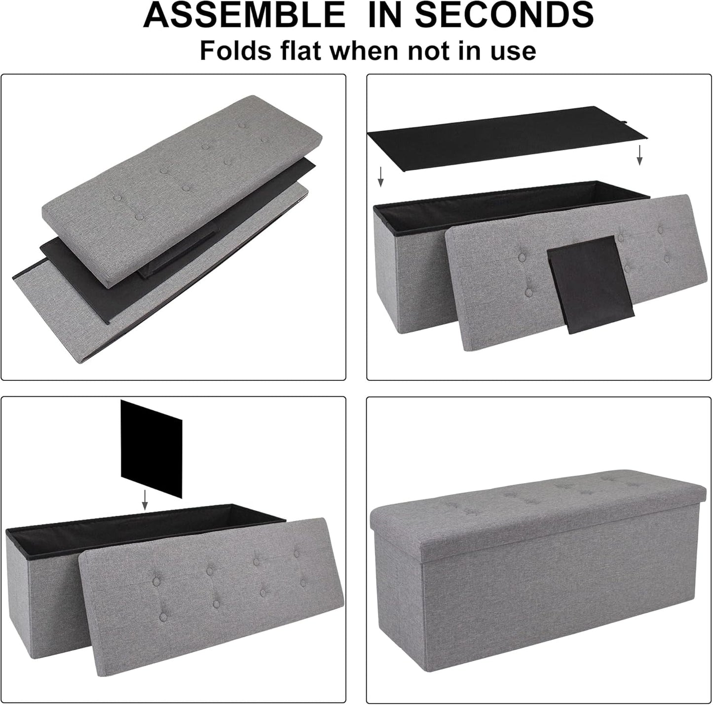 GLAXYFUR 43 Inches Folding Storage Ottoman Bench, Storage Chest, Footrest for Entryway, Living Room, Holds up to 660 lb, Light Grey