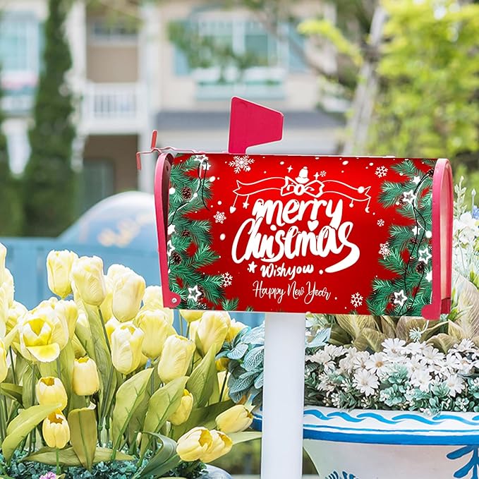 Merry Christmas Mailbox Cover Winter Snowflake Xmas Poinsettia Magnetic Letter Post Box Covers Standard Size 25.5x21 in Decorative for Home Garden Yard