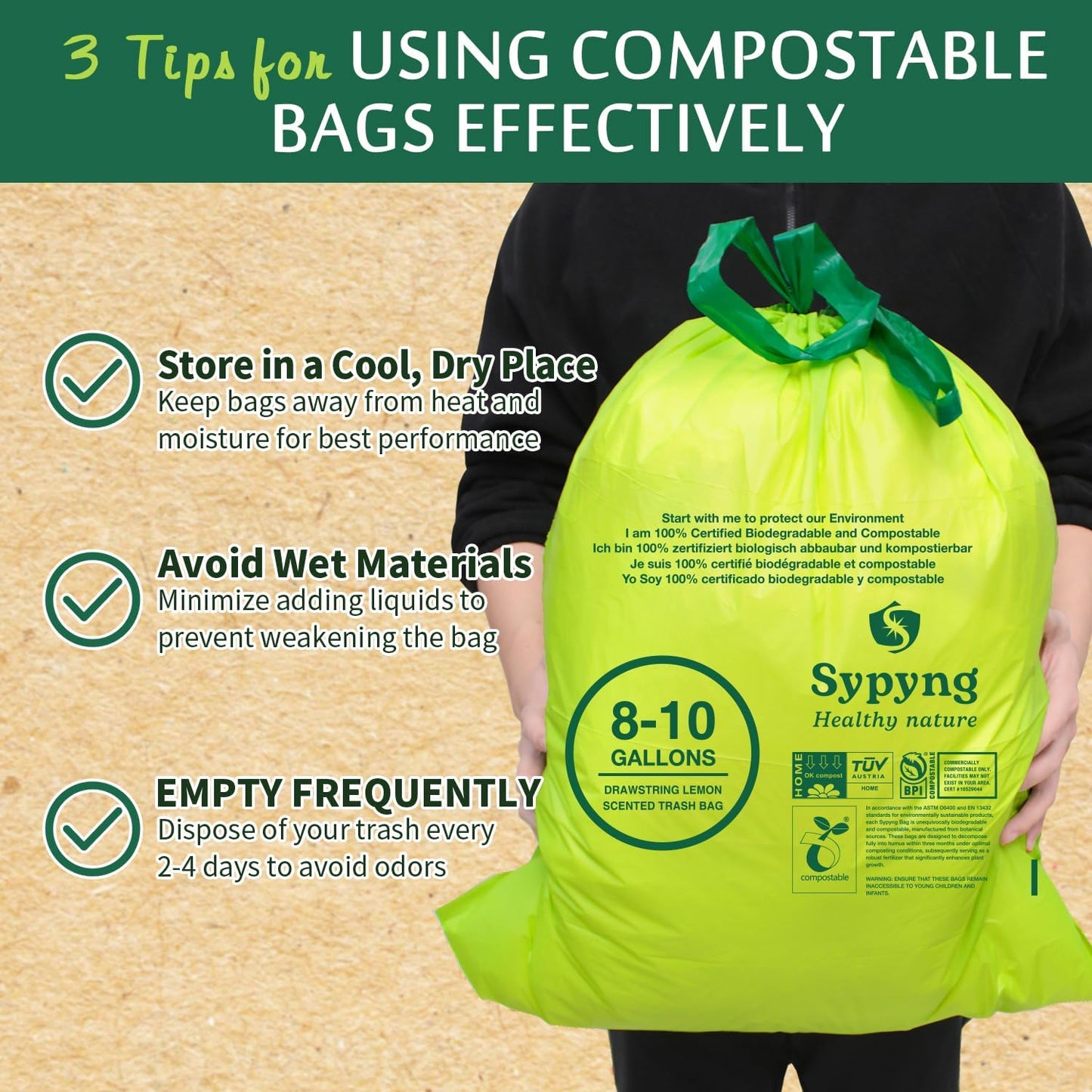 Compostable Kitchen Trash Bags 8-10 Gallon (50-Pack) – Heavy-Duty, 1.1 Mil Thick, 100% Biodegradable Bag for Medium to Large Bins. ASTM D6400, BPI & OK Compost HOME Certified Eco-friendly & Recyclable