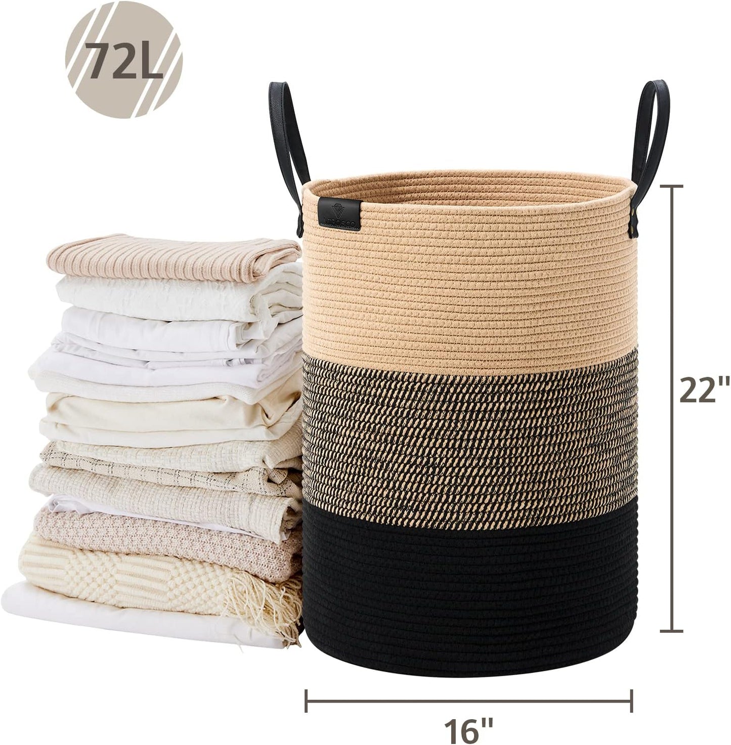VIPOSCO Tall Laundry Basket, Large Dirty Clothes Hamper with Leather Handle, Woven Rope Storage Basket for Blanket, Toy In Living Room, Bathroom, Bedroom - 72L Brown & Black