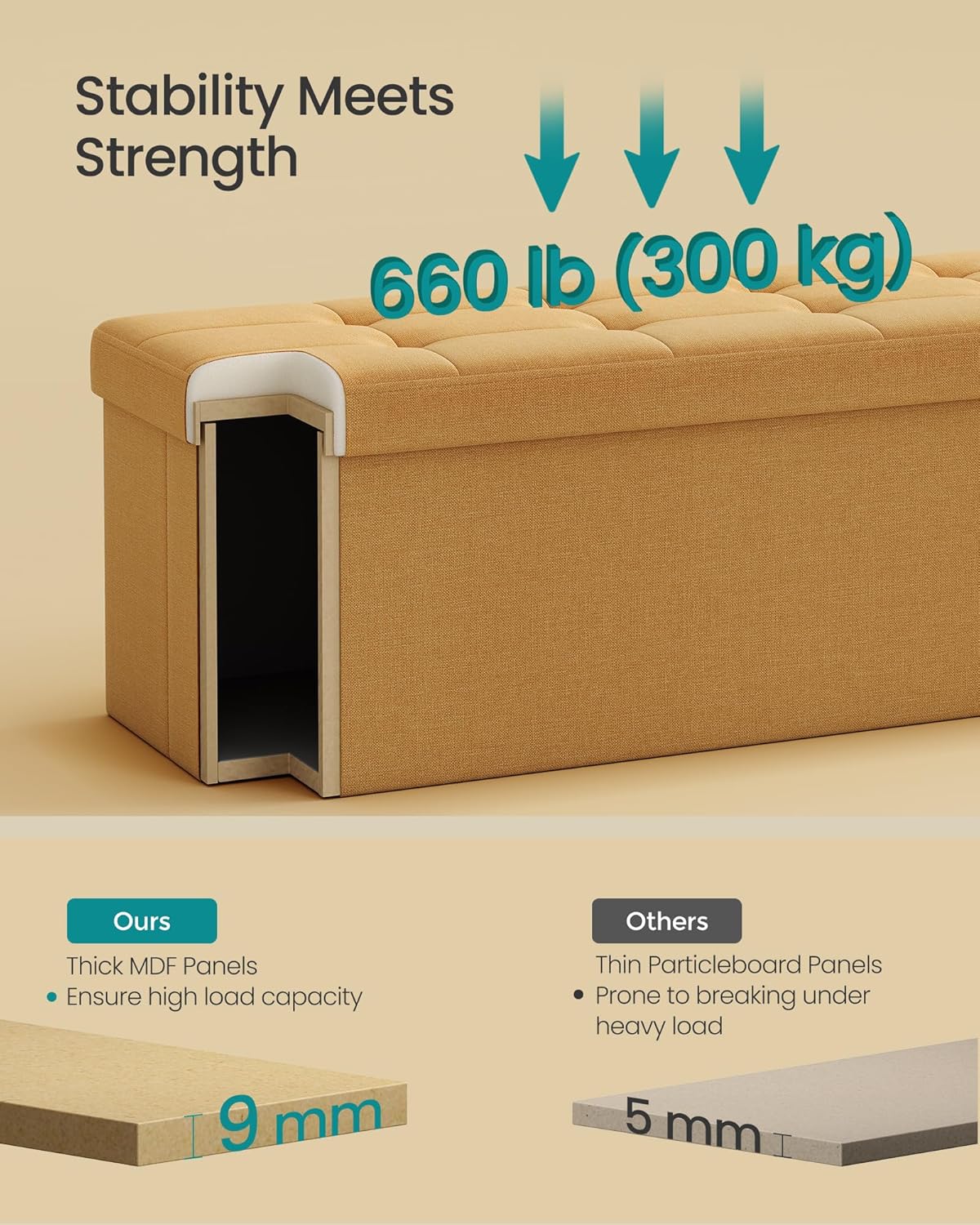 SONGMICS Mazie Collection - Storage Ottoman Bench, 43 Inches Folding Foot Rest Stool, End of Bed Bench, Easy Assembly, for Living Room, Bedroom, Entryway, Ginger ULSF077K04