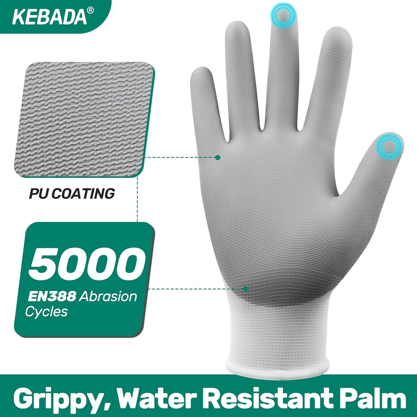 Kebada W1 Work Gloves for Men and Women, 12 Pairs Touchscreen Safety Gloves with Grip, PU-Coated, Ideal for Light & Medium Duty Tasks, White, Small