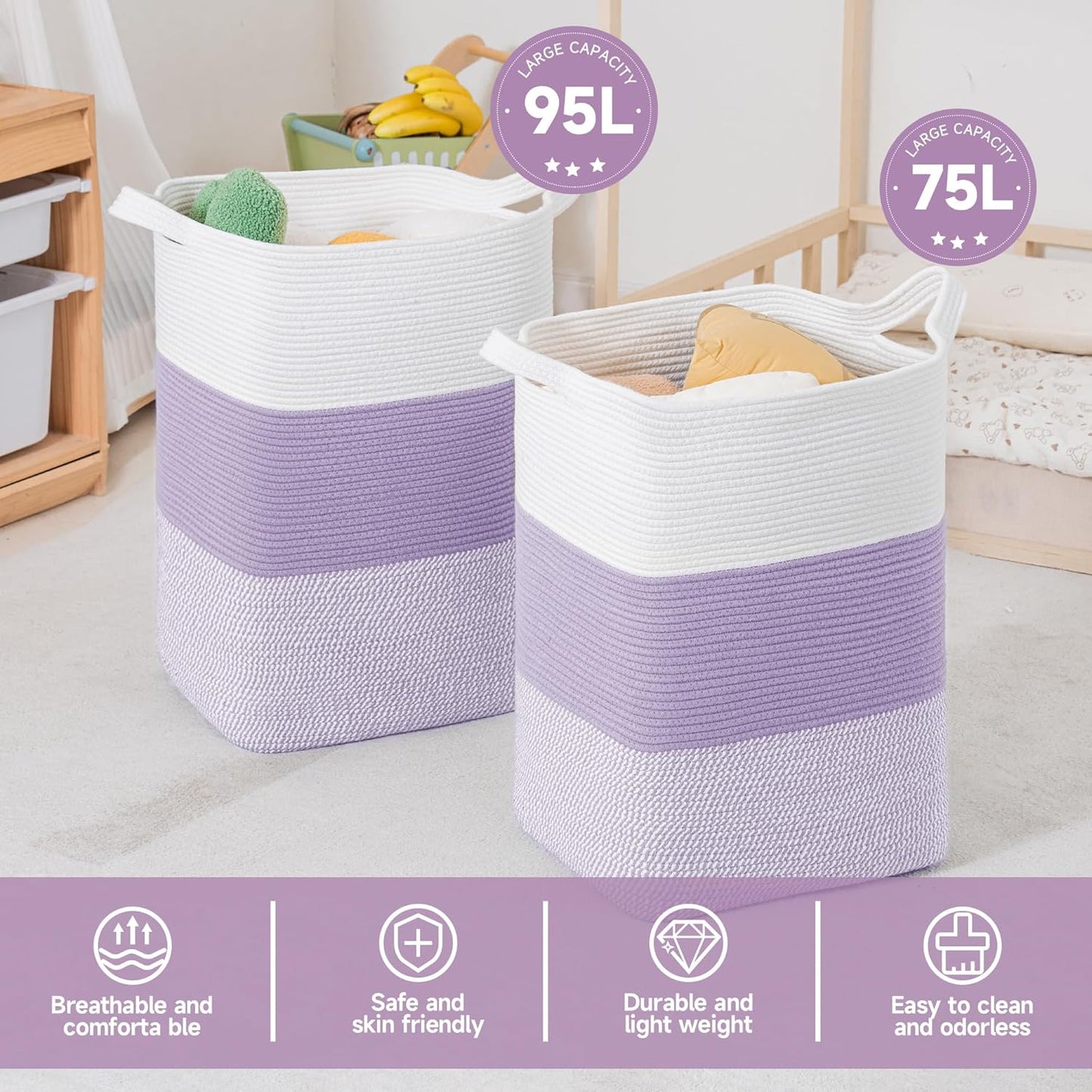 CLHMILY&Z 75L Laundry Basket Rectangular Lavender Rope - 16x13x22 Inches - Dirty Clothes and Soft Storage Bin for Blankets, Toys, and Nursery Essentials