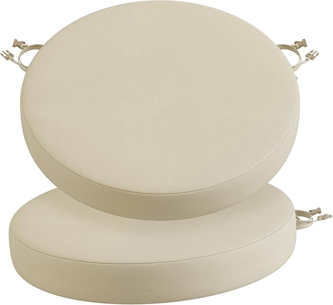 Codi Round Outdoor Chair Cushions 15 Inch, Patio Bistro Cushion Set of 2, Waterproof with Adjustable Straps, Beige 15x15''
