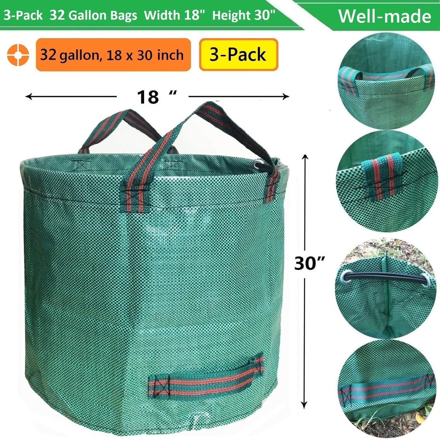 Standard 3-Pack 32 Gallons Yard Garden Bags (D18, H30 inches) with Gardening Gloves, Standable Reusable Leaf Bags,Plant Trimming Bag,Yard Waste Bags,Trash Container,Lawn Grass,Weeds Bag w/ 4 Handles