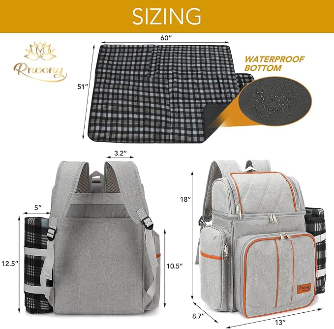 Rnoony Picnic Backpack for Camping, Picnic Basket for with Insulated Cooler Bag and Bottle Pouch,Camping Gifts for Couples with Lightweight Blanket and Cutlery Set for Family, Couple and Hiking