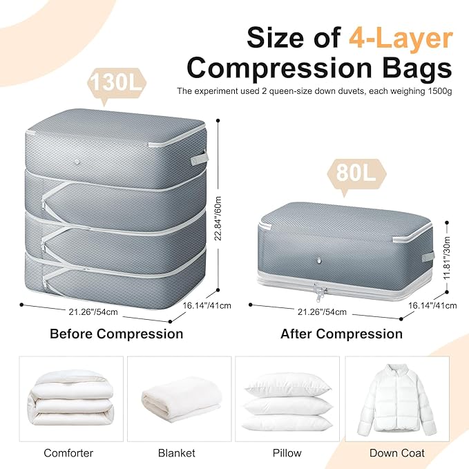 Comforter Storage Bag - 130L Large Capacity Blanket Storage Bags 4-Layer Ultra Space Saving Self Compression Organizer, Washable Compression Bags for Storage Comforter Blanket, 2-Pack, Grey